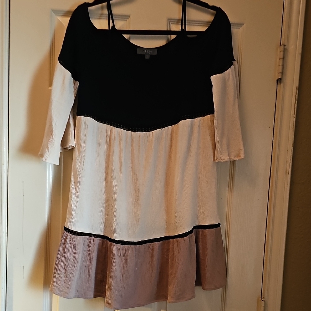 Umgee Black, Cream & Taupe Tiered Midi Dress